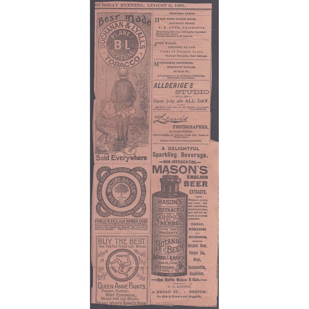 Antique 1891 Newspaper Page Victorian Ads Planet Tobacco Masons Beer 5x12.1